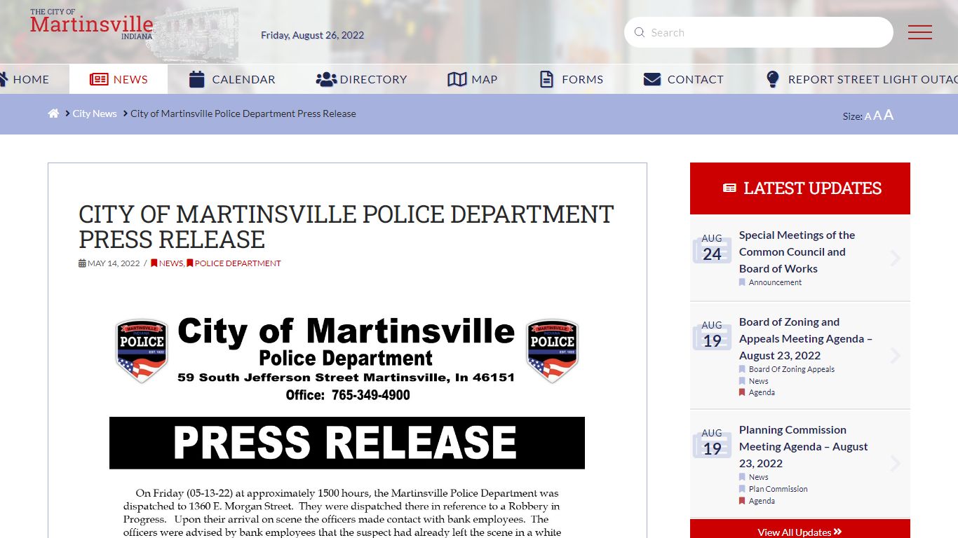 City of Martinsville Police Department Press Release